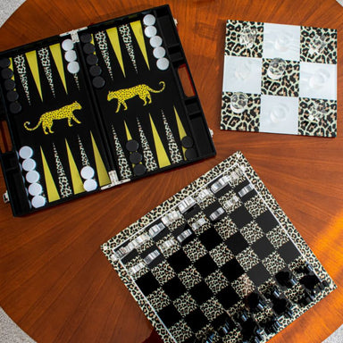 bundle of acrylic backgammon, chess and tic tac toe in leopard design top view