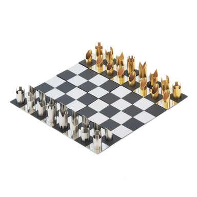 travel chess set with golden and silver pieces top view