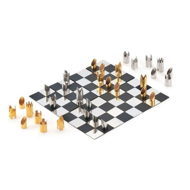 travel chess set with golden and silver pieces game set up view
