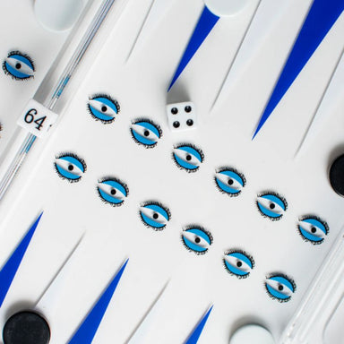 acrylic backgammon set in evil eye design close up view