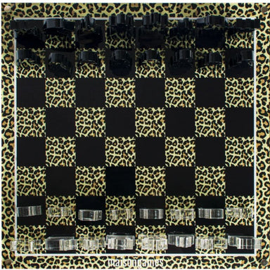 acrylic chess set with leopard design top view