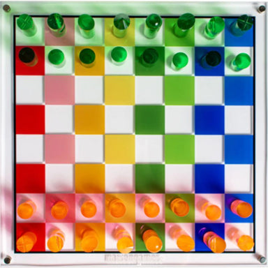 acrylic chess set with rainbow design top view