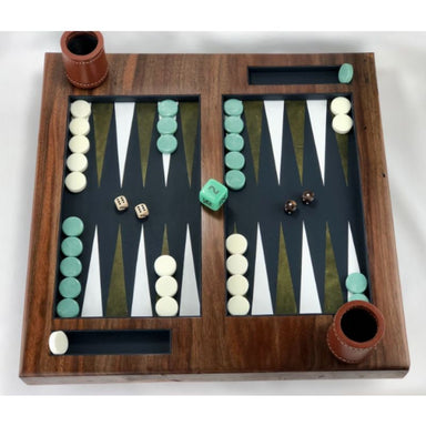 backgammon board with green and white checkers top view