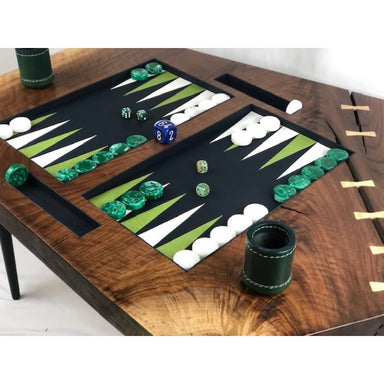 backgammon coffee table with live edge slab with green and white checkers top angled view