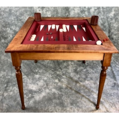 backgammon coffee table in burgundy profile view
