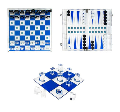 bundle of acrylic chess backgammon and tic tac toe in evil eye design view of all three together