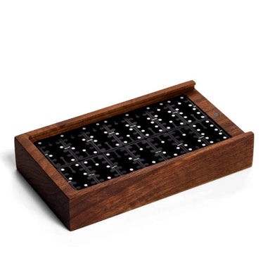 domino set in black aluminum with walnut wooden box profile view
