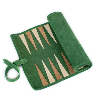green travel backgammon set half rolled up top view