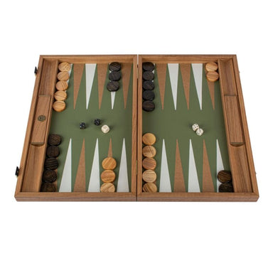 manopoulos leather backgammon set with checkers profile view