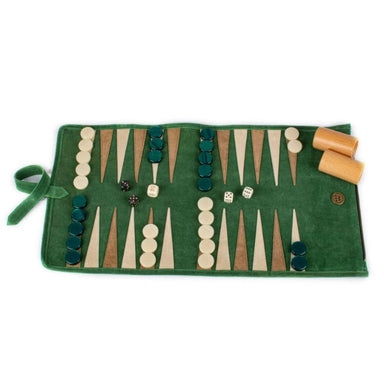 travel backgammon set open with green and pearl checkers profile view