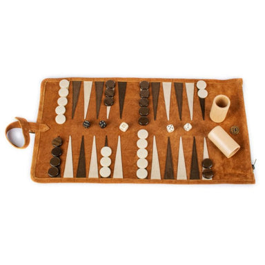 travel backgammon set open with pearl and brown checkers profile view
